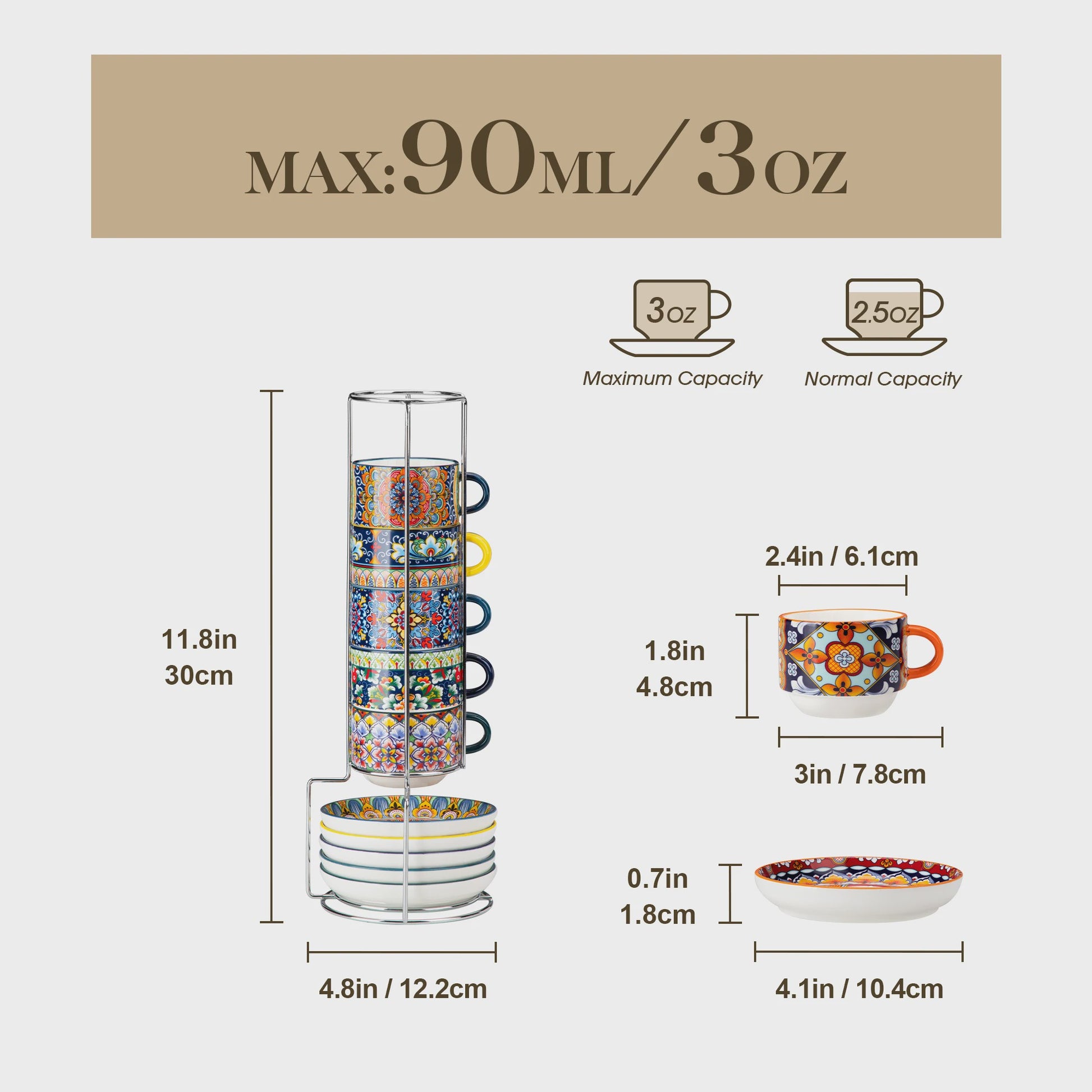 Bohemian Porseleinen Koffiekopjes met Schotels en Metalen Standaard - Set van 6/12