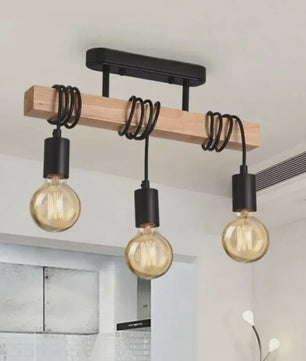 Retro Houten Plafondlamp met 3xE27 Fitting - Vintage Boho Stijl