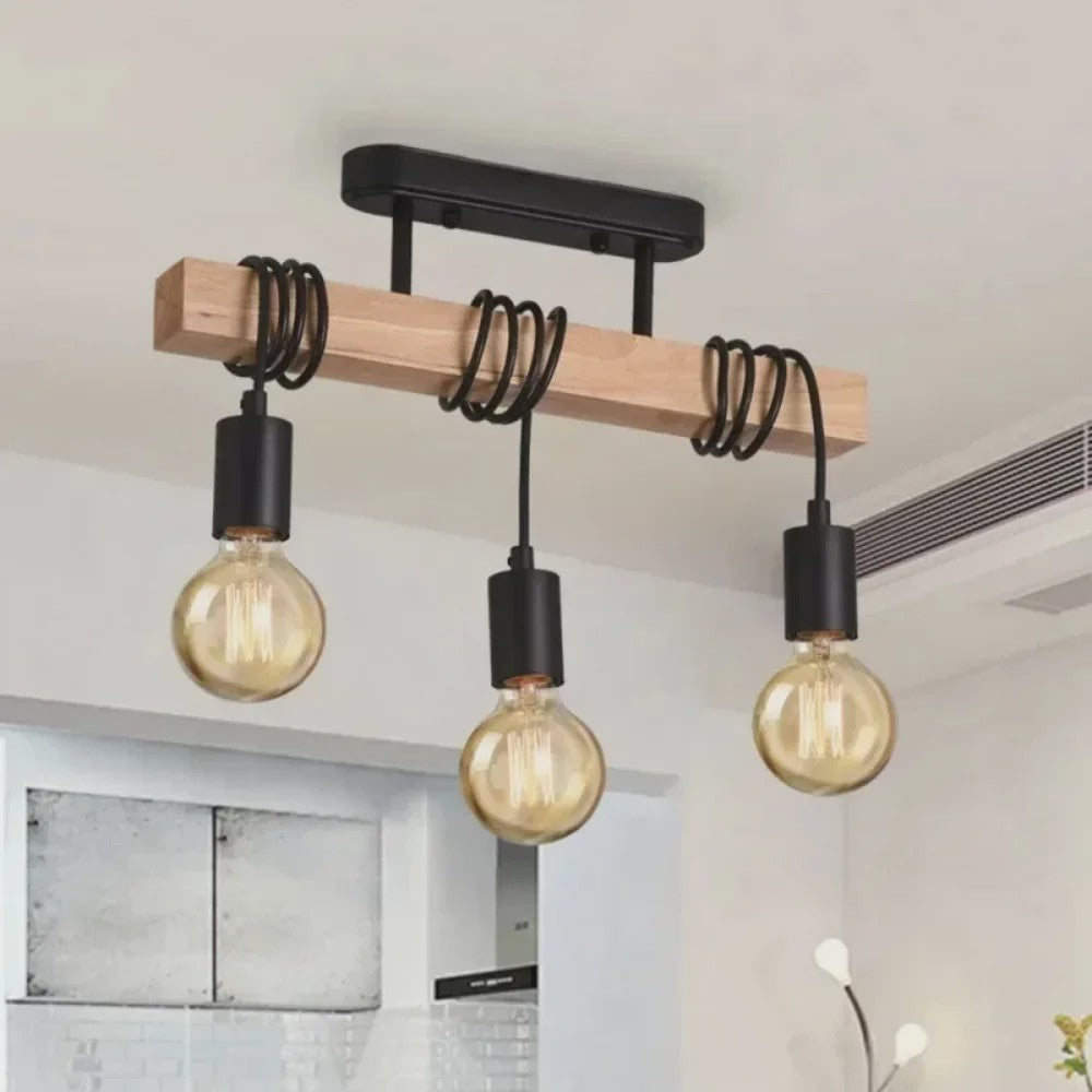 Retro Houten Plafondlamp met 3xE27 Fitting - Vintage Boho Stijl