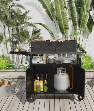 Outdoor Keuken Eiland Grill Cart met Opbergruimte en Inklapbaar RVS Werkblad - Zwart