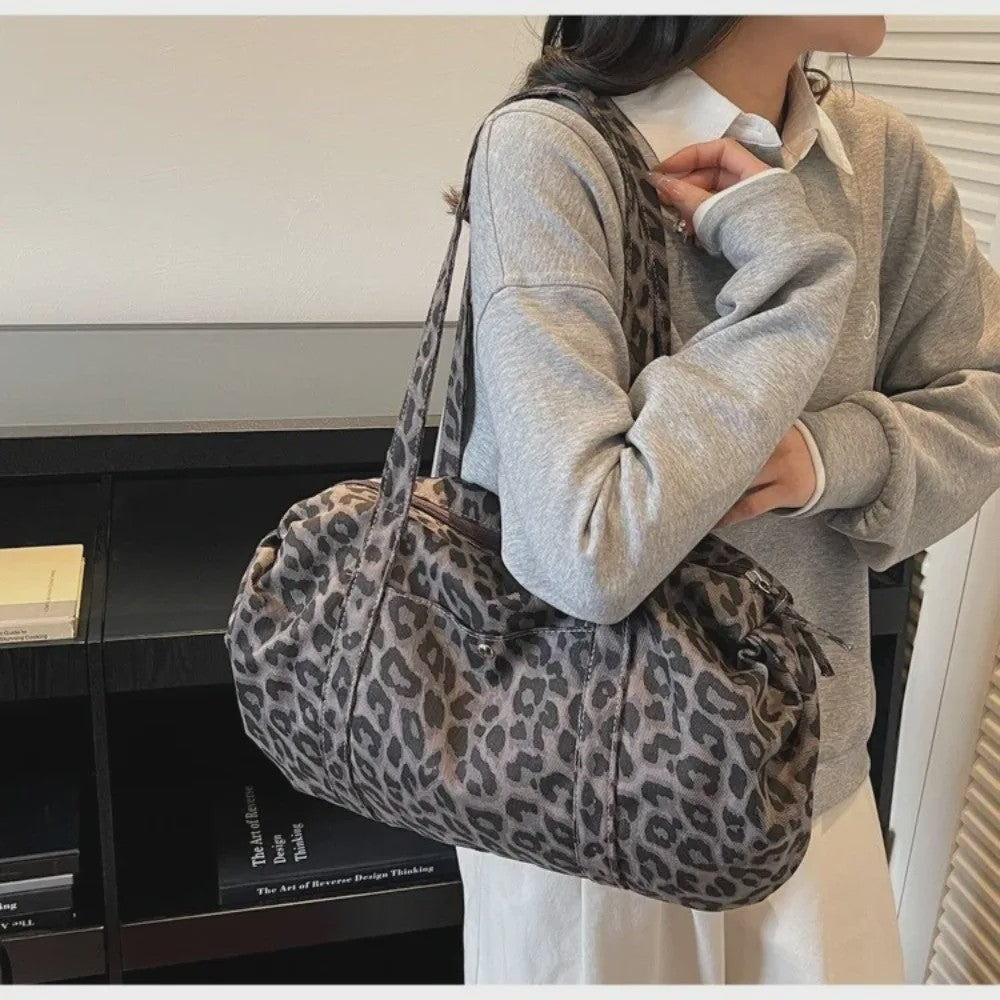 Ruime Canvas Schoudertas met Luipaardprint - Stijlvolle Tote Bag voor Dames