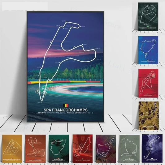 Formule 1 Circuit Poster Canvas - F1 Race Track Kunst Print voor Woonkamer Decoratie