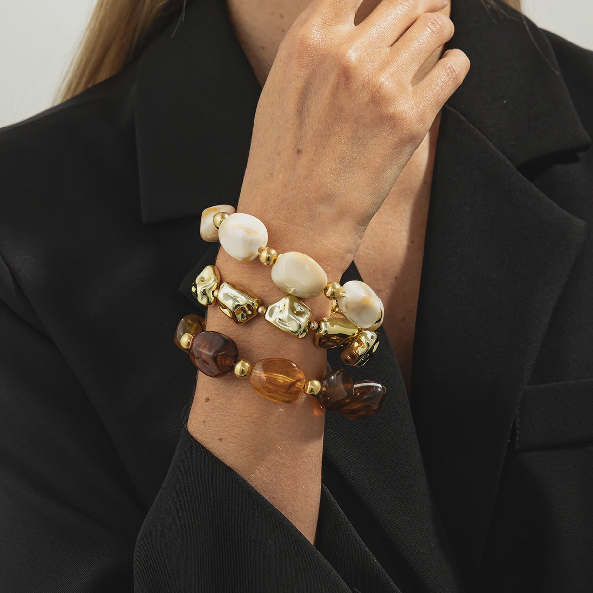 Set van 3 Bohemian Kralenarmbanden - Vintage Stijl Acryl & Goudkleurig