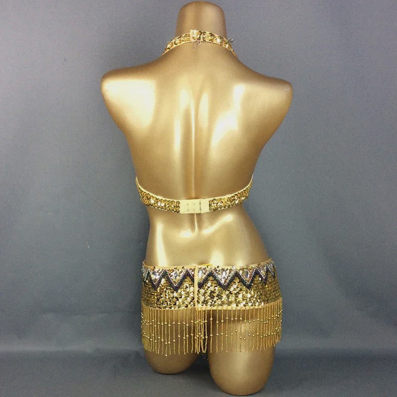 Dames Buikdans Set: Luxe Beaded Bh & Heupsjaal met Franjes