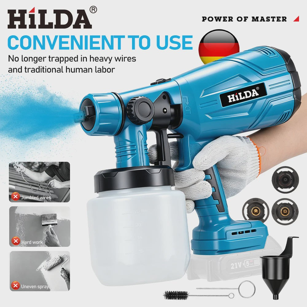HILDA 21V Accu Verfspuit - Krachtige Draadloze HVLP Spuit voor Doe-het-zelf, Meubels, Muren & Auto (Makita Accu Compatibel)