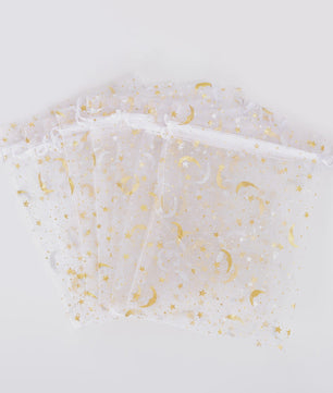 50x Organza Cadeauzakjes met Maan & Sterren - Wit met Goud - Ideaal voor Sieraden, Snoep & Feestelijke Gunsten