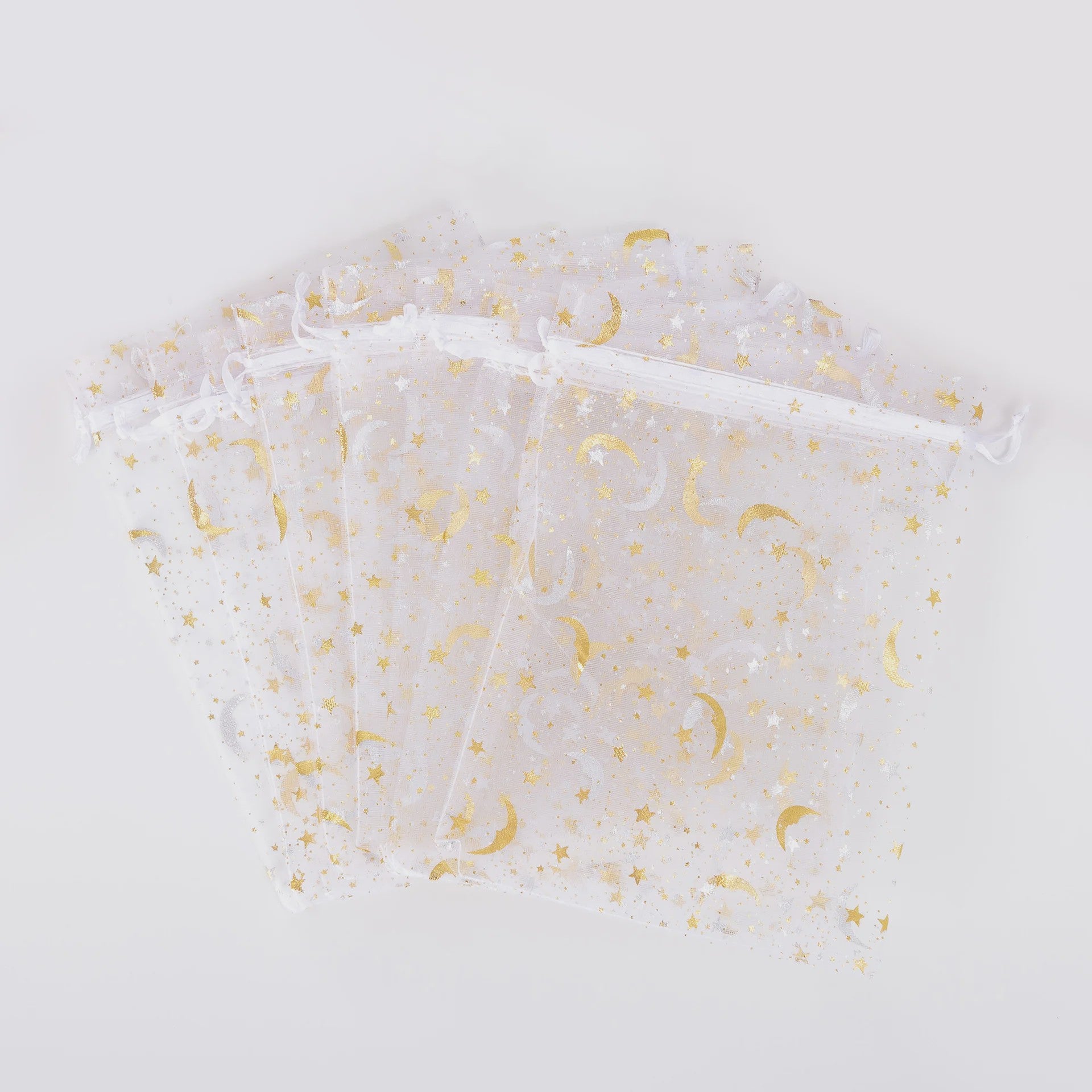 50x Organza Cadeauzakjes met Maan & Sterren - Wit met Goud - Ideaal voor Sieraden, Snoep & Feestelijke Gunsten