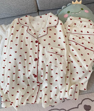Dames Pyjama Set met Hartjesprint - Comfortabele Loungewear voor Lente & Herfst