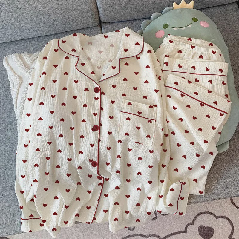 Dames Pyjama Set met Hartjesprint - Comfortabele Loungewear voor Lente & Herfst