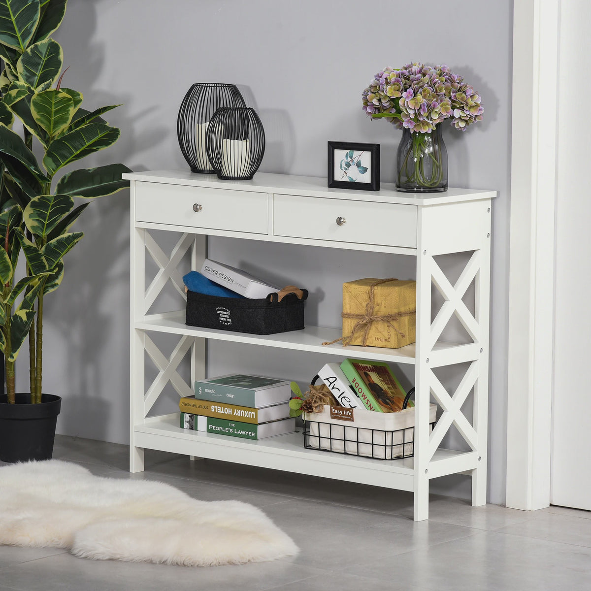 Witte Console Tafel met 2 Lades en 2 Open Vakken - 100x30.5x80cm