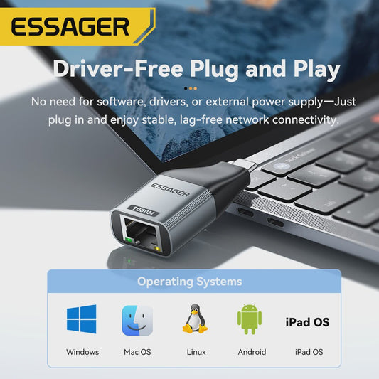 Essager Gigabit Type-C naar Ethernet Adapter 1000Mbps RJ45 Netwerkkaart