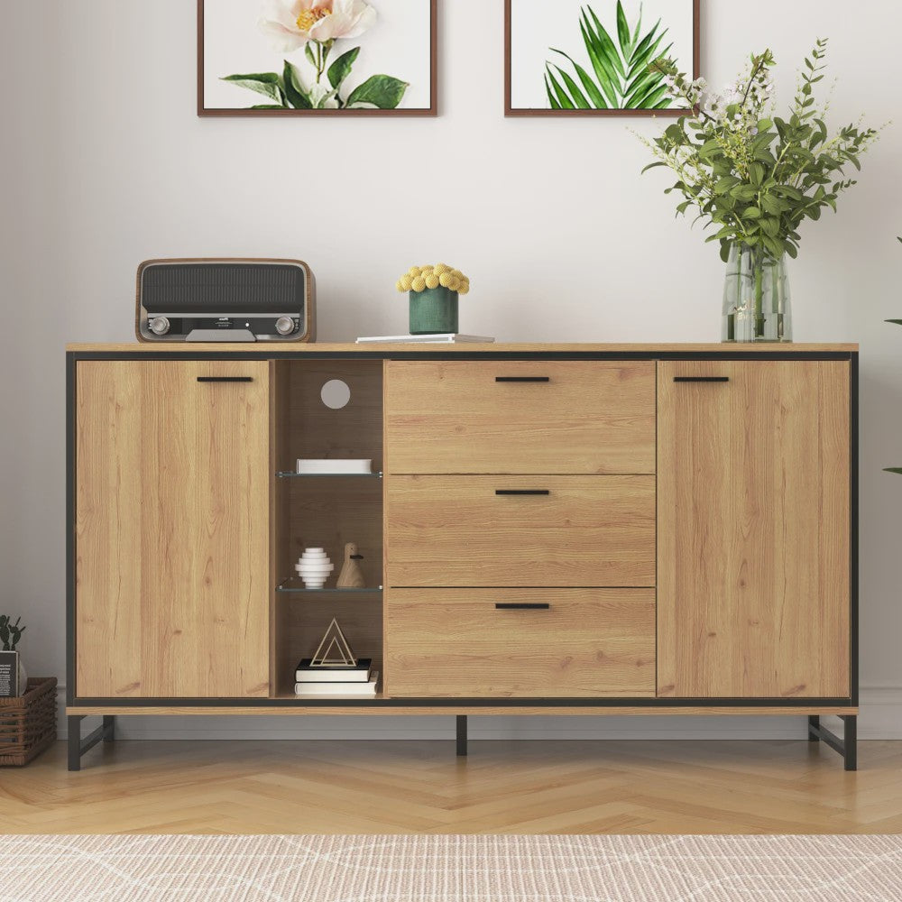 Modern Dressoir Zwart met Houtlook - 3 Lades & Opbergruimte