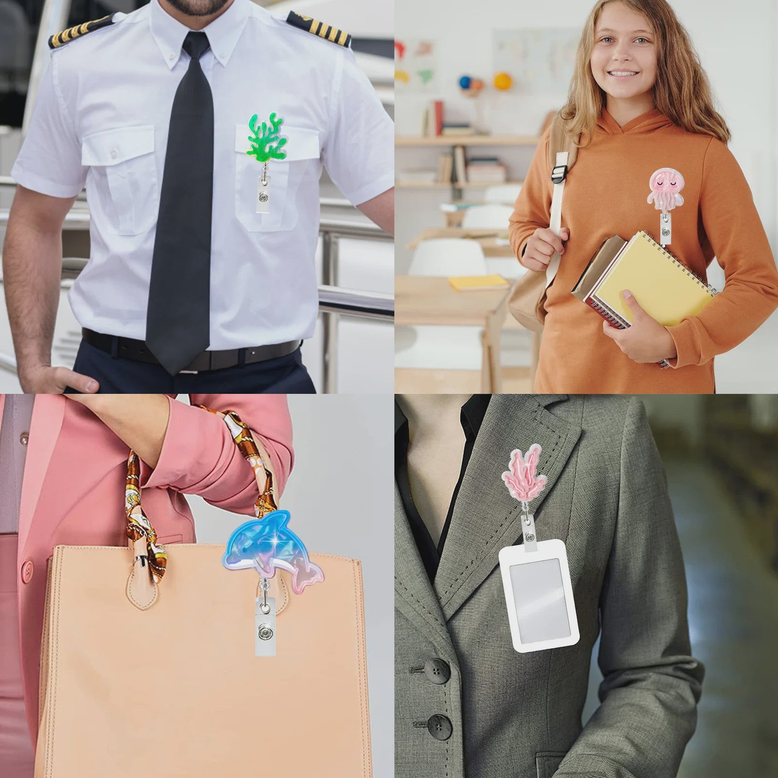 Retractable Badge Reel Clip met Dieren & Koraal - ID Kaarthouder voor Studenten, Dokters, Verpleegkundigen