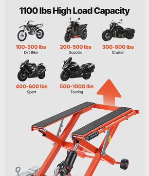 Hydraulische Motorlift Krik 1100/1500 lbs - Voetbediend & 6 Wielen - Voor Motoren & Crossmotoren