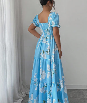 Elegante Dames Maxjurk met Bloemenprint en Vierkante Hals - Perfect voor Zomerfeesten en Bruiloften