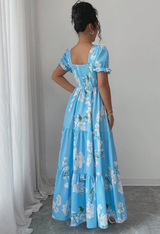 Elegante Dames Maxjurk met Bloemenprint en Vierkante Hals - Perfect voor Zomerfeesten en Bruiloften