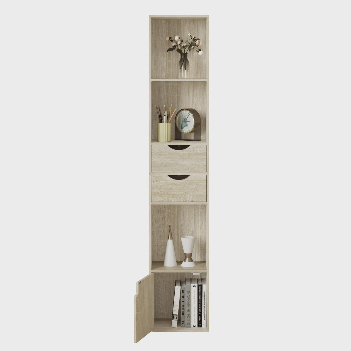 Hoge Smalle Boekenkast met Lades en Deur - Stijlvolle Opbergkast voor Woonkamer & Kantoor (158cm)