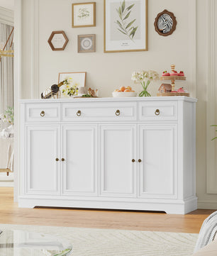 Stijlvol Wit Retro Sideboard met 3 Lades en 4 Deuren - 134x40x87cm