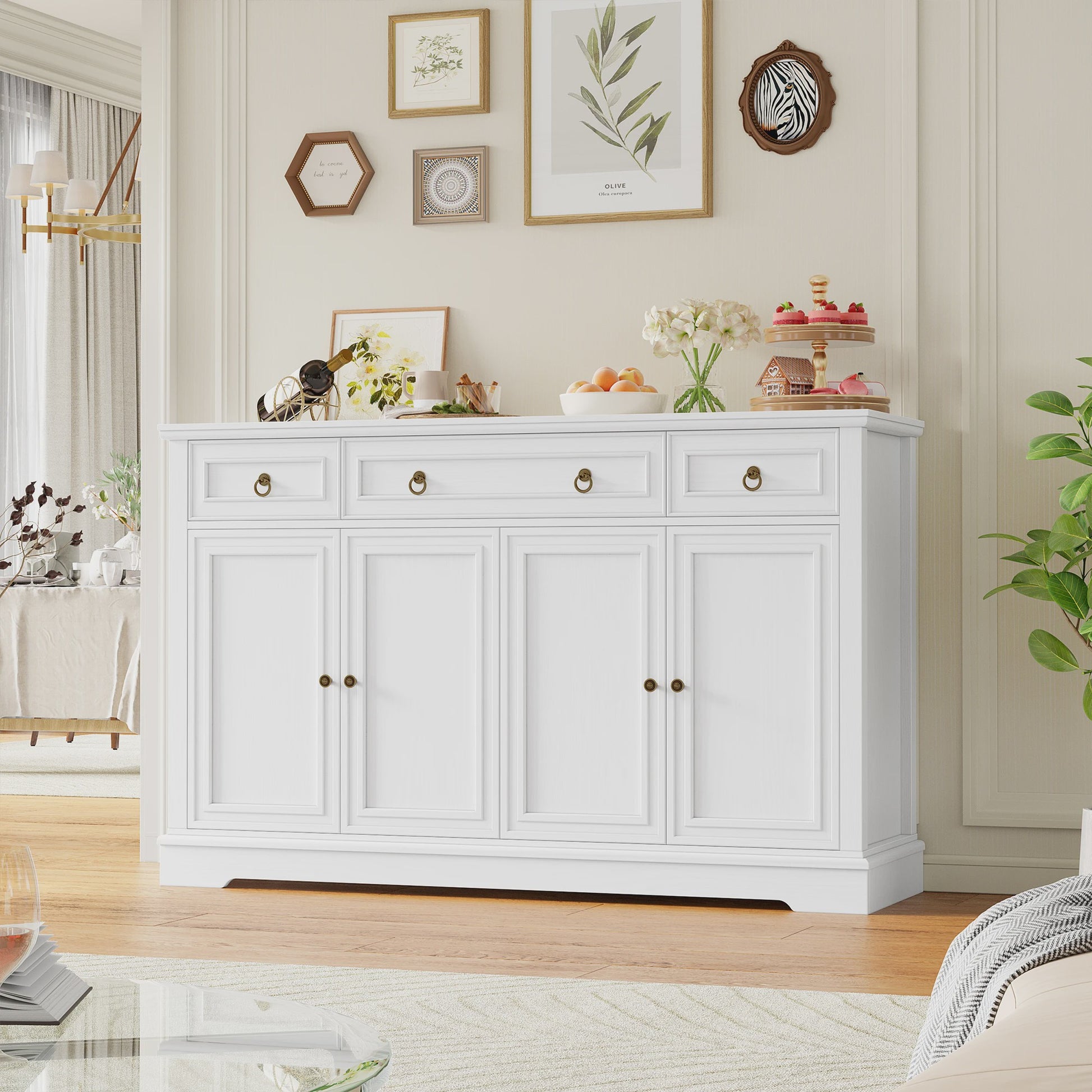 Stijlvol Wit Retro Sideboard met 3 Lades en 4 Deuren - 134x40x87cm