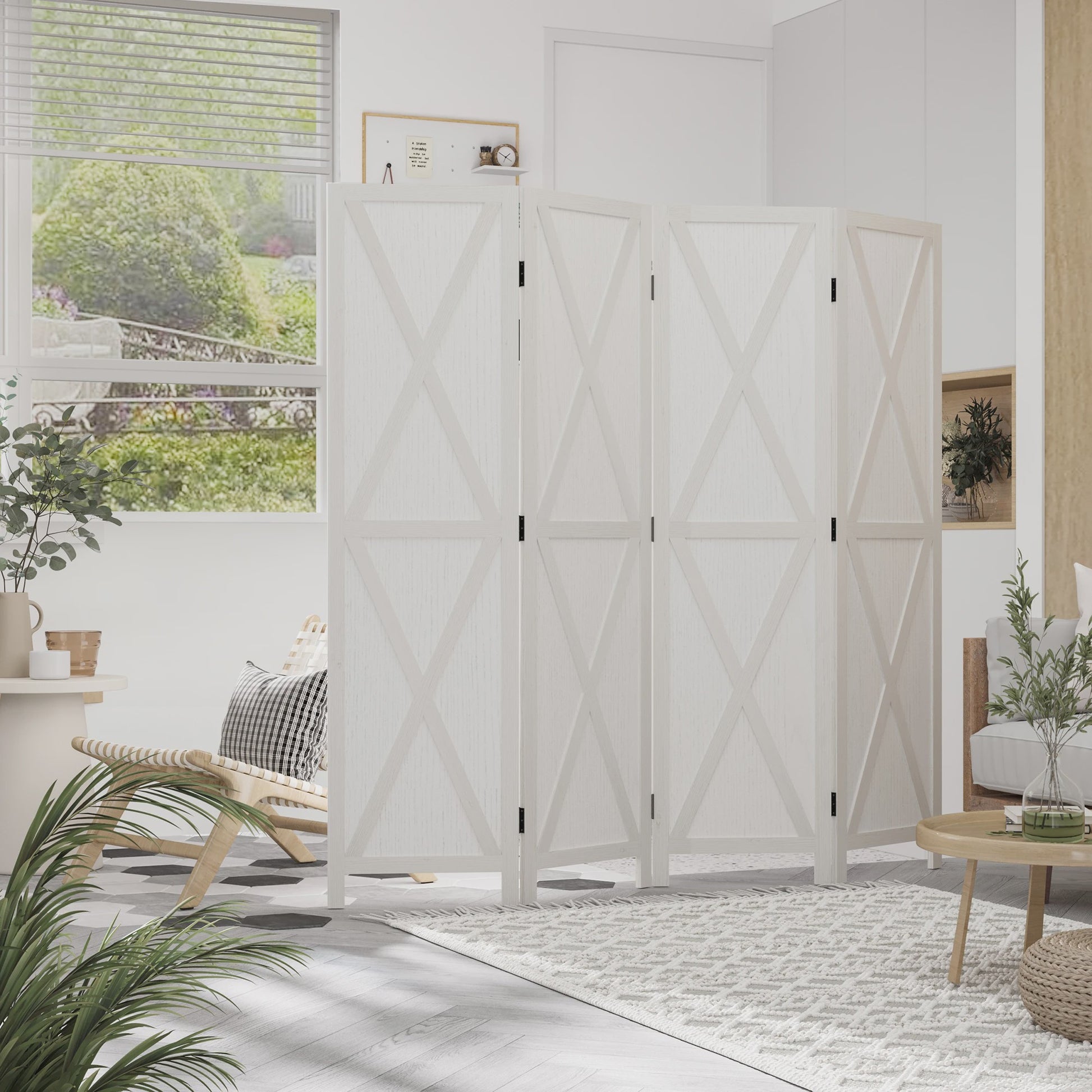HOMCOM Paravent 4 Panelen Wit Hout Landelijke Stijl Kamerverdeler 182x170 cm
