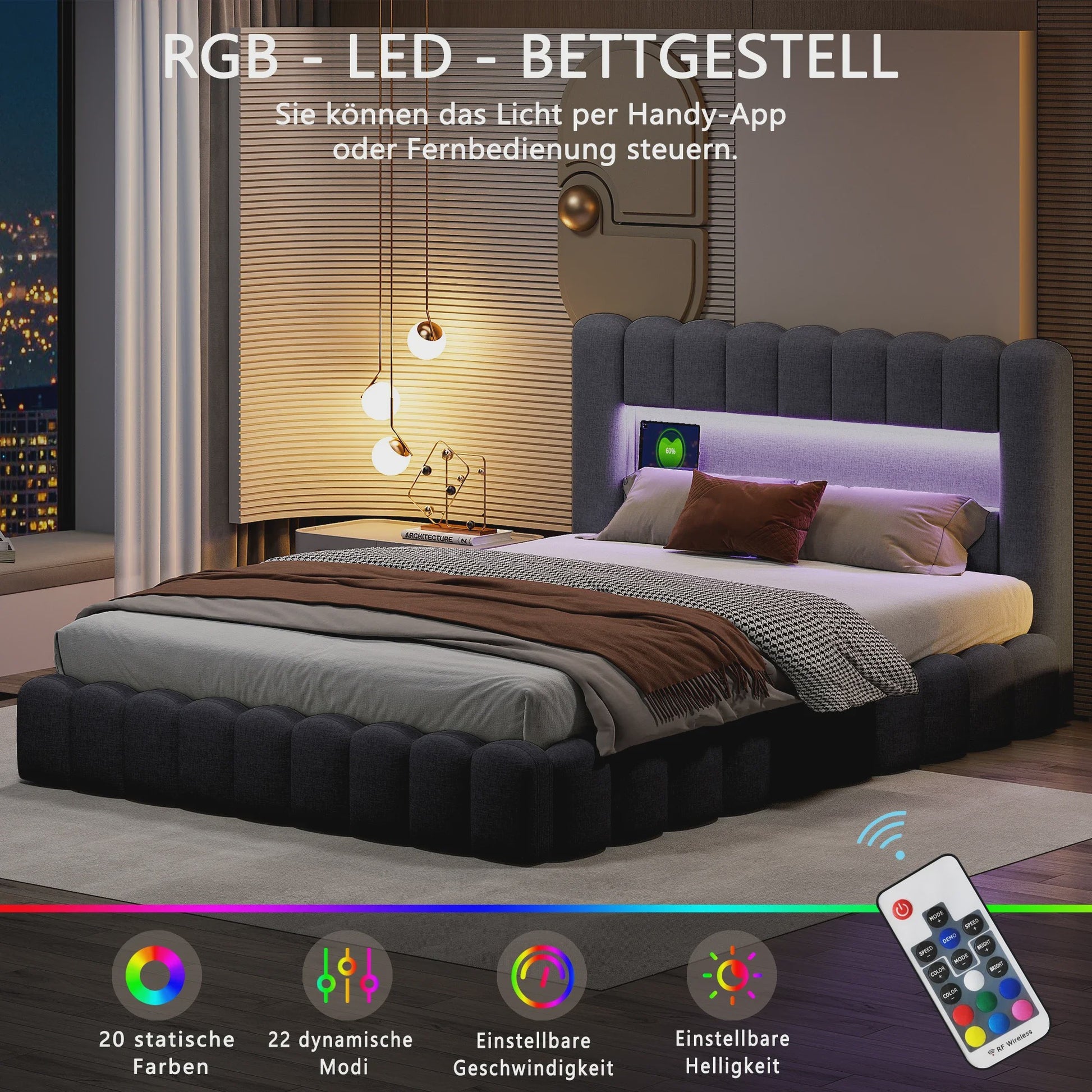 Luxe Gestoffeerd Bed met LED, USB & Opbergruimte - 140/160/180cm
