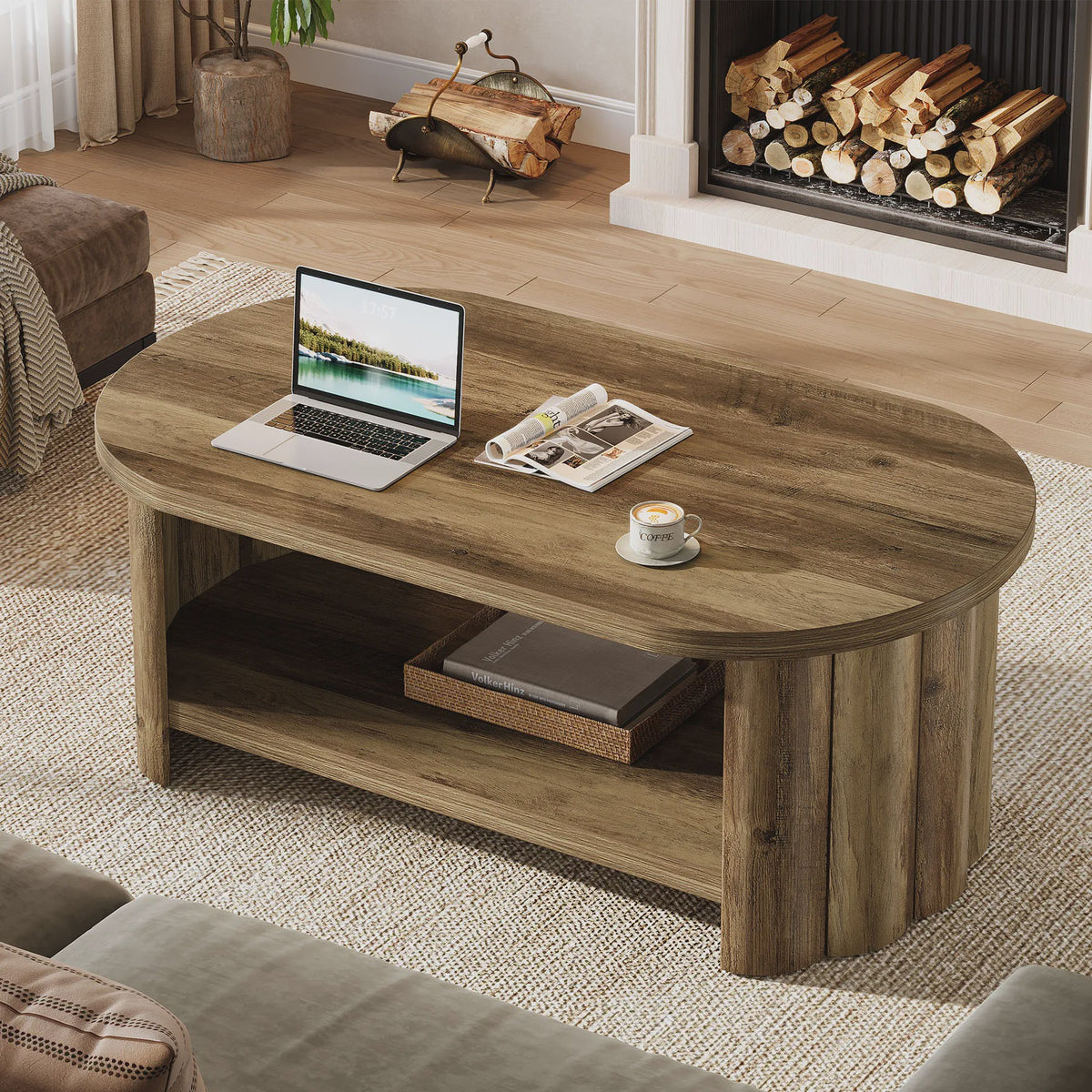 Rustieke Ovalen Salontafel met 2 Lagen Opbergruimte - 120cm Breed