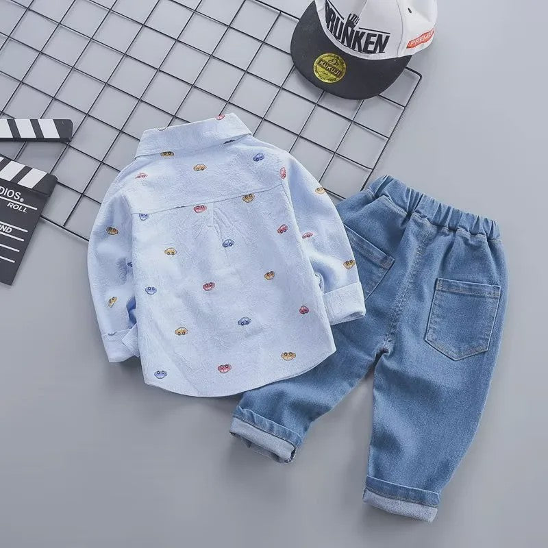 Schattige Baby Jongens Kleding Set: Auto Print Overhemd met Lange Mouwen & Denim Broek