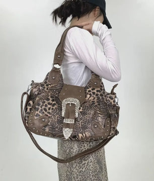 Y2K Leopard Print Patchwork Tote Bag met Ritsen en Meerdere Vakken - Retro Crossbody Handtas