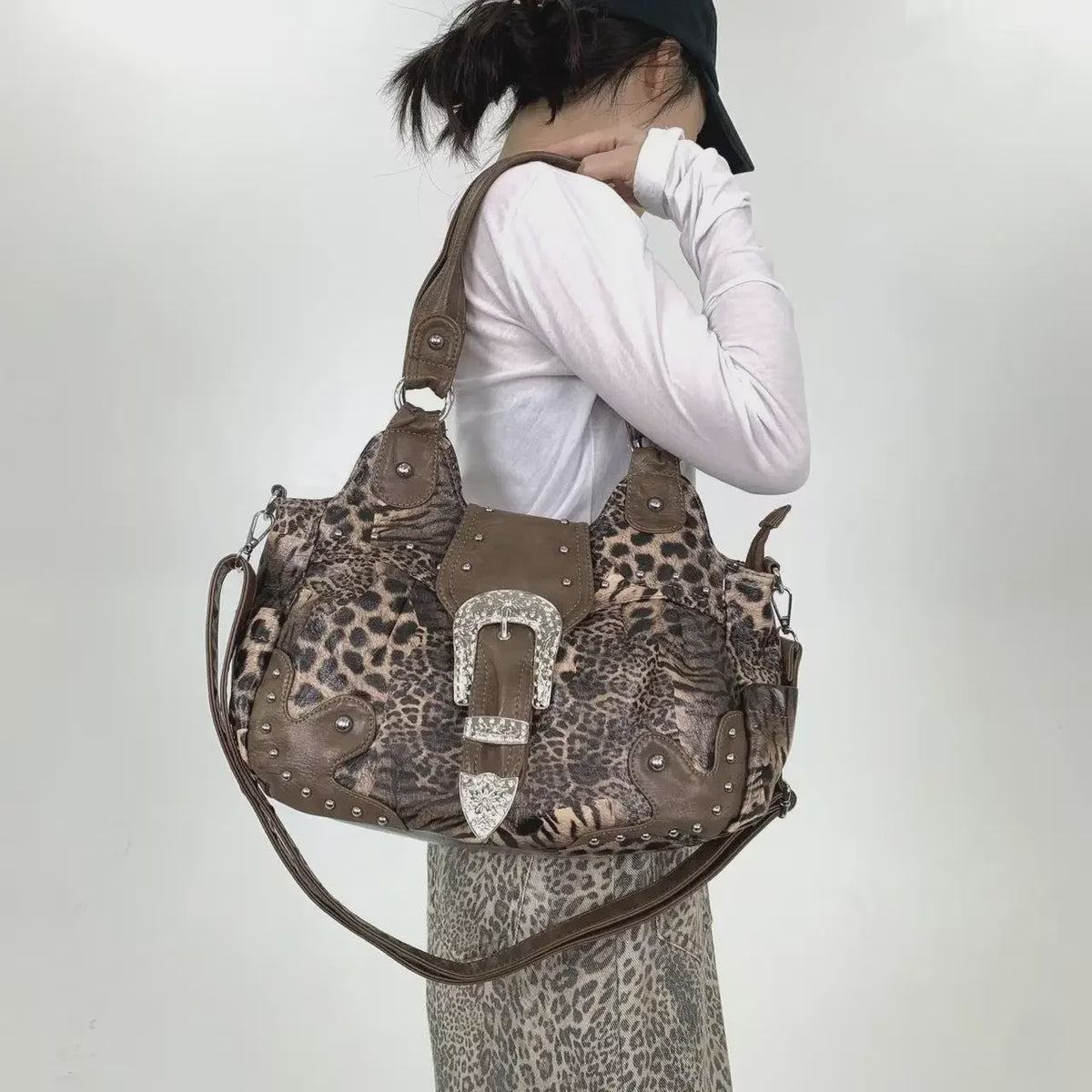 Y2K Leopard Print Patchwork Tote Bag met Ritsen en Meerdere Vakken - Retro Crossbody Handtas