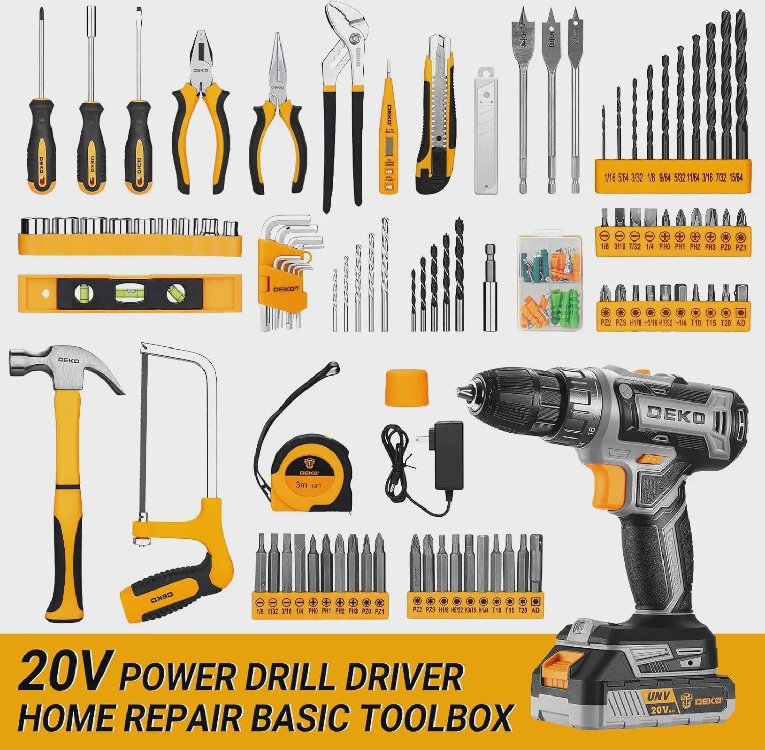 DEKO Complete Gereedschapskist met 20V Accuboormachine, 186 Delen - Professionele DIY Set