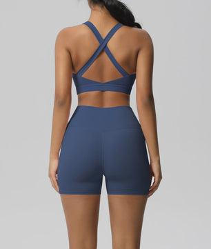 Dames Yoga Set: Sportieve Kleding met Hoge Taille Shorts en Sportbeha met Zakken