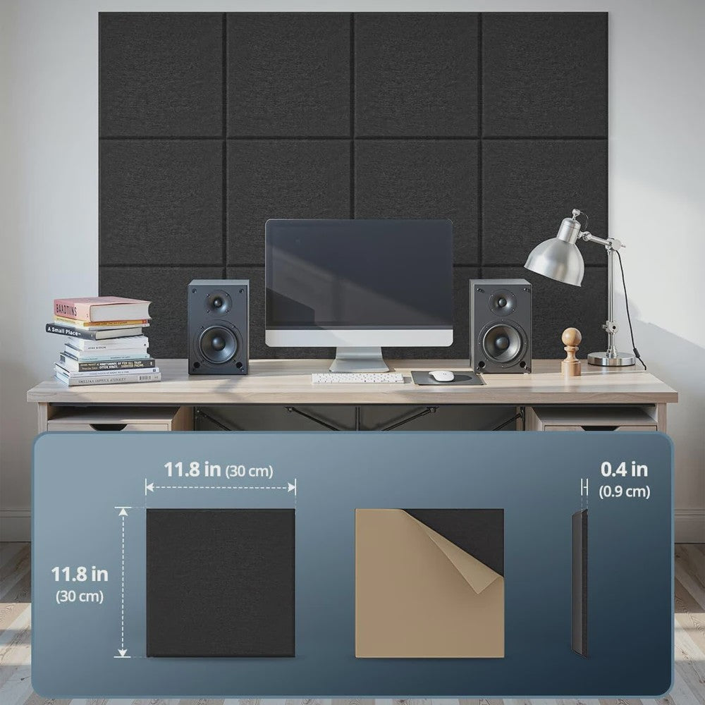 12x Akoestische Panelen Zelfklevend - Geluidsisolerend & Geluidsabsorberend - 30x30x0.9cm - Zwart