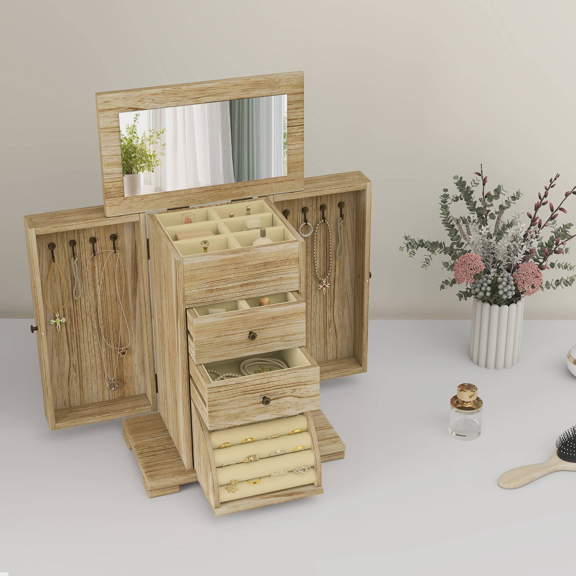 Houten Sieradenkast met Spiegel, Lades en Armbandrol - Organiseer je Accessoires