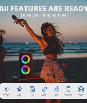 Draagbare Karaoke Bluetooth Speaker met Microfoon, FM Radio & LED Lichtshow