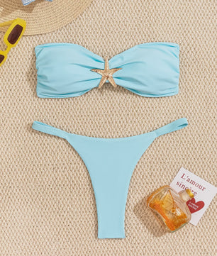 Bandeau Bikini Set met Sterrenornament - Sky Blue Push-Up Thong Badpak