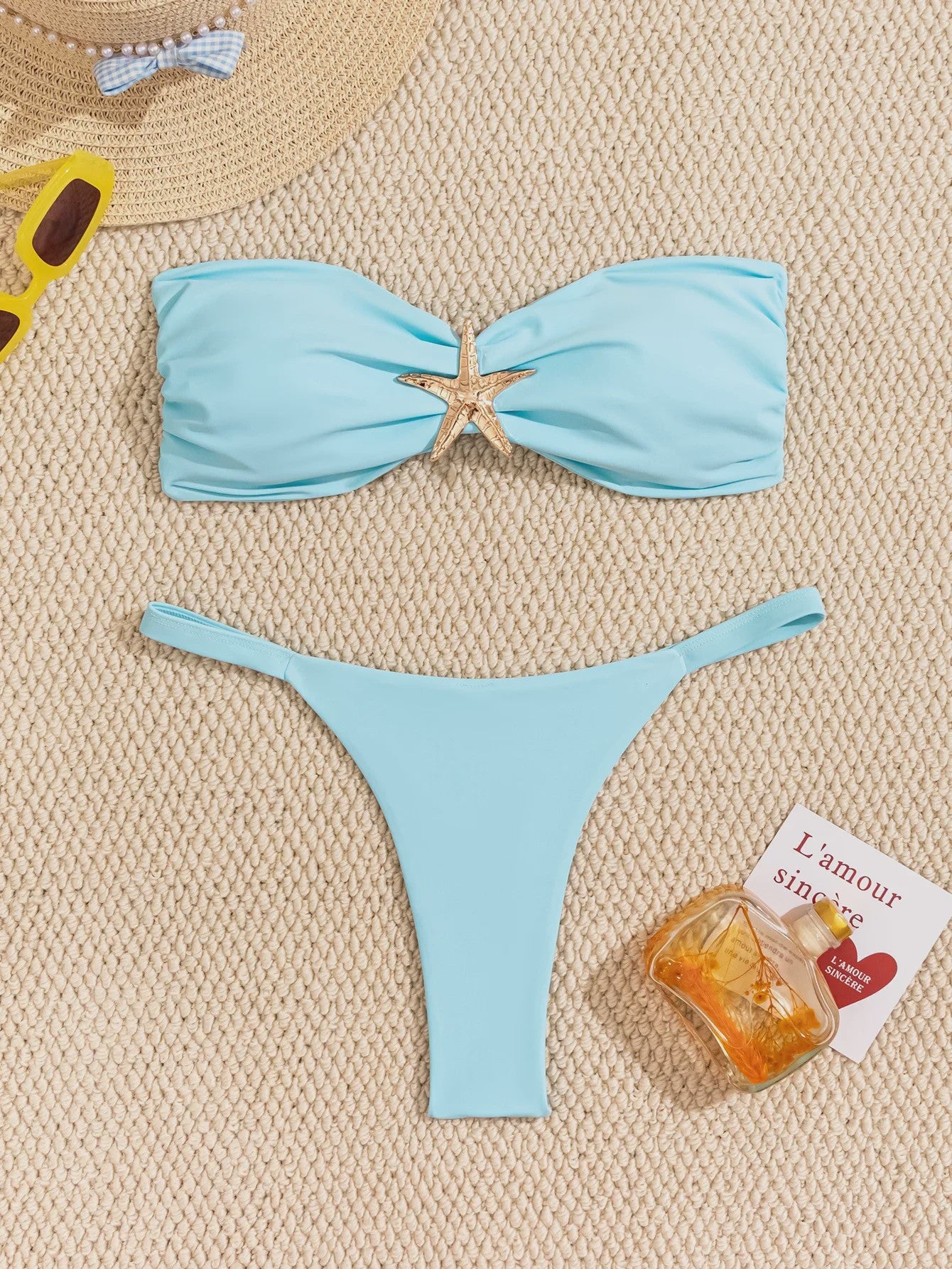 Bandeau Bikini Set met Sterrenornament - Sky Blue Push-Up Thong Badpak
