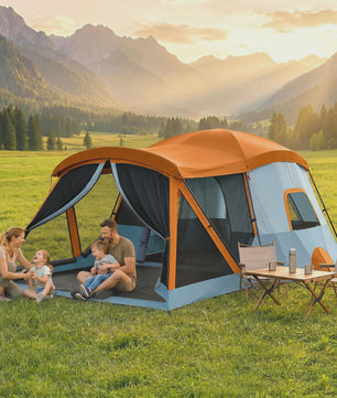Outsunny Gezinstent Tunnel 2-4 Personen Oranje/Blauw - Ruim & Ventilerend