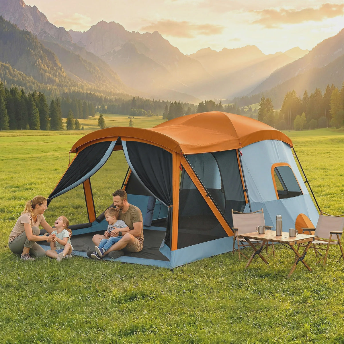 Outsunny Gezinstent Tunnel 2-4 Personen Oranje/Blauw - Ruim & Ventilerend