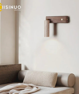 Wabi-Sabi Wandlamp Natuurlijk Geel Travertin Steen met Houten Basis & Draaibare Kap