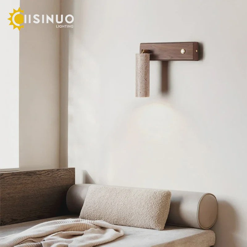 Wabi-Sabi Wandlamp Natuurlijk Geel Travertin Steen met Houten Basis & Draaibare Kap