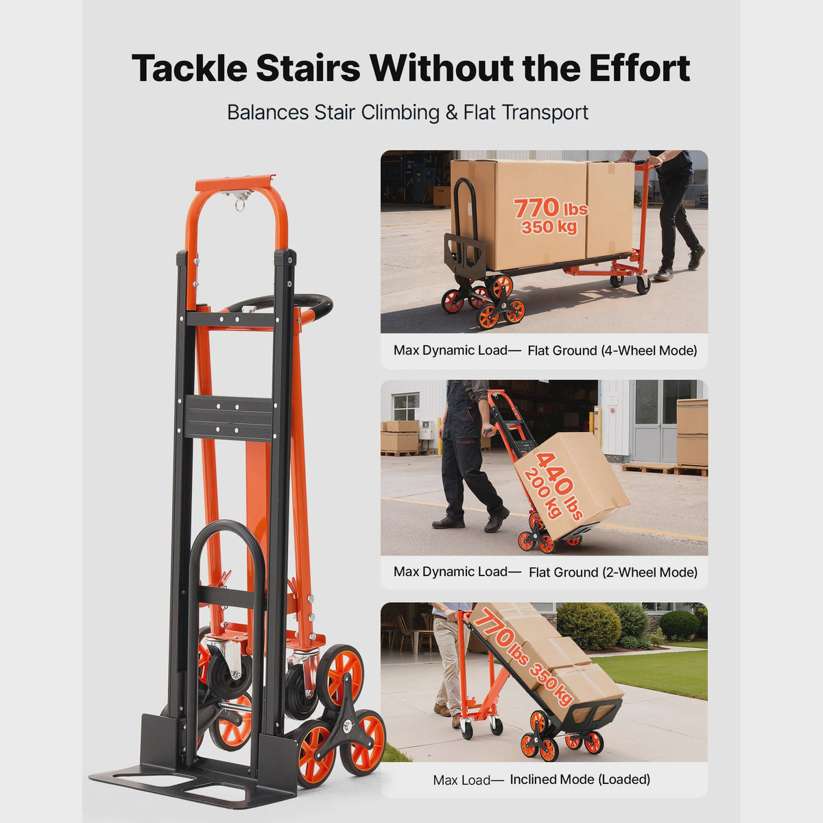 3-in-1 Industriële Omslagbare Traplift Kar - 350 kg Max. Draagvermogen - Opvouwbare Handkar Dolly