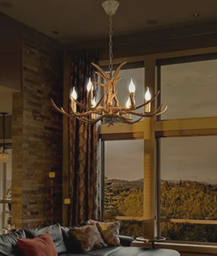 Luxe Herten Gewei Kroonluchter - 6-Lichts Hanglamp met E14 Fitting