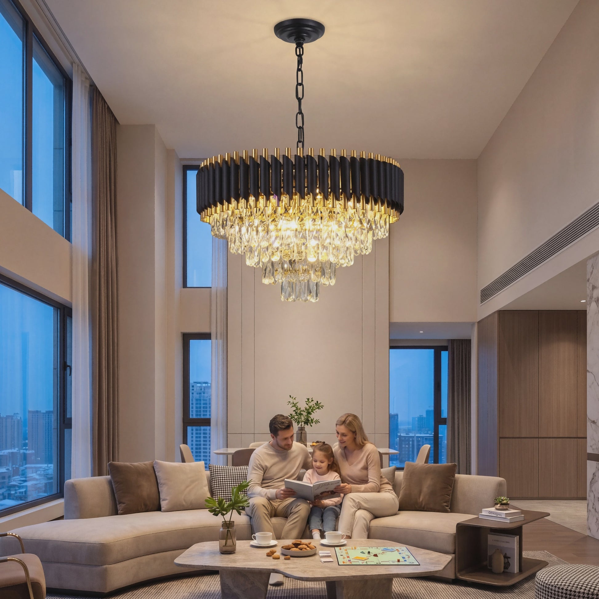 Moderne Zwarte Kristallen Kroonluchter Rond 5-Tier Ø60cm Dimbare Hanglamp