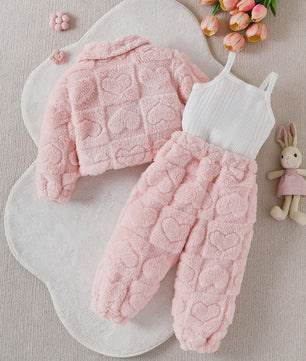 Schattige Baby Meisjes Set: Roze Pluche Jasje, Lange Broek & Top