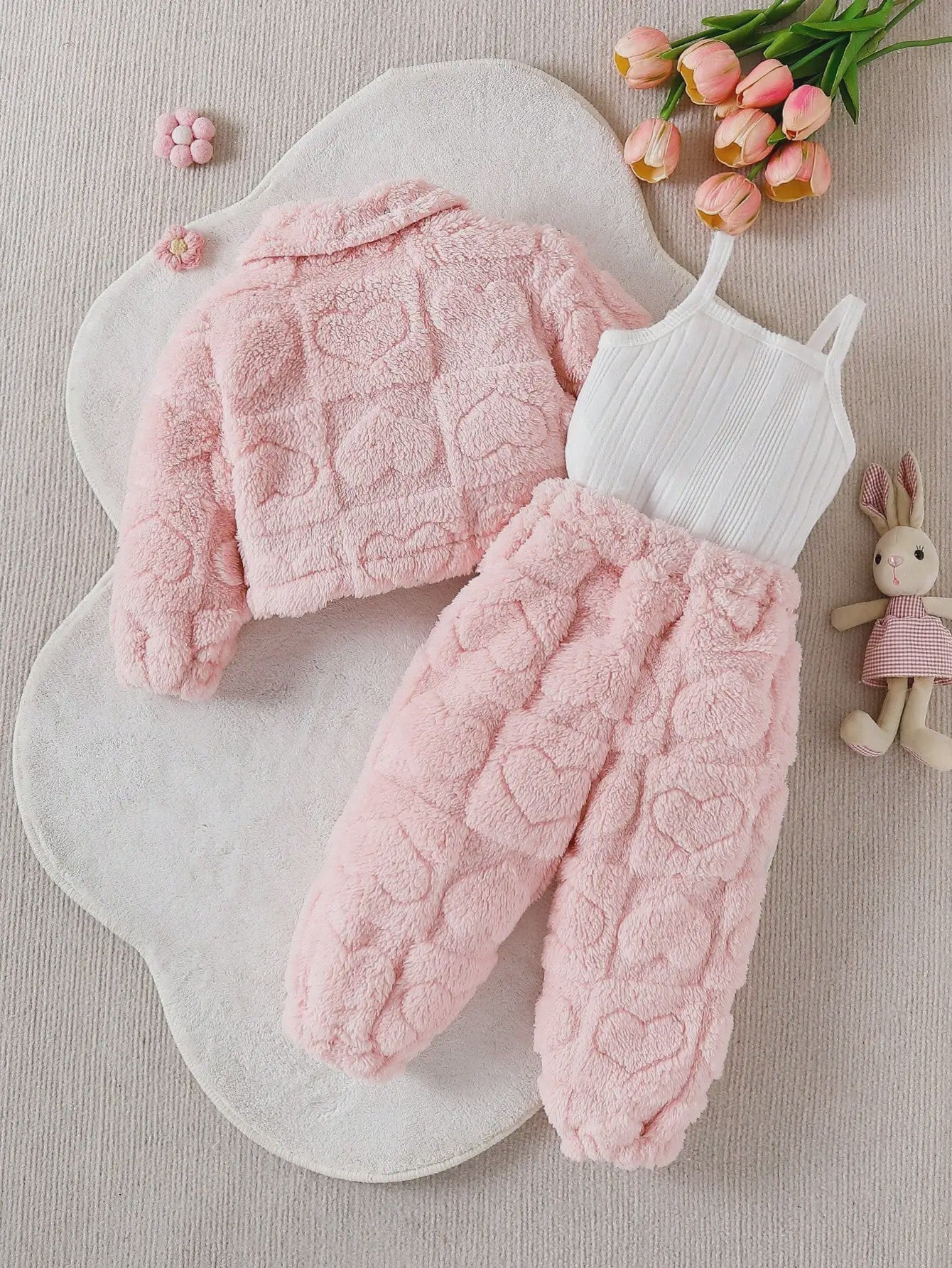 Schattige Baby Meisjes Set: Roze Pluche Jasje, Lange Broek & Top