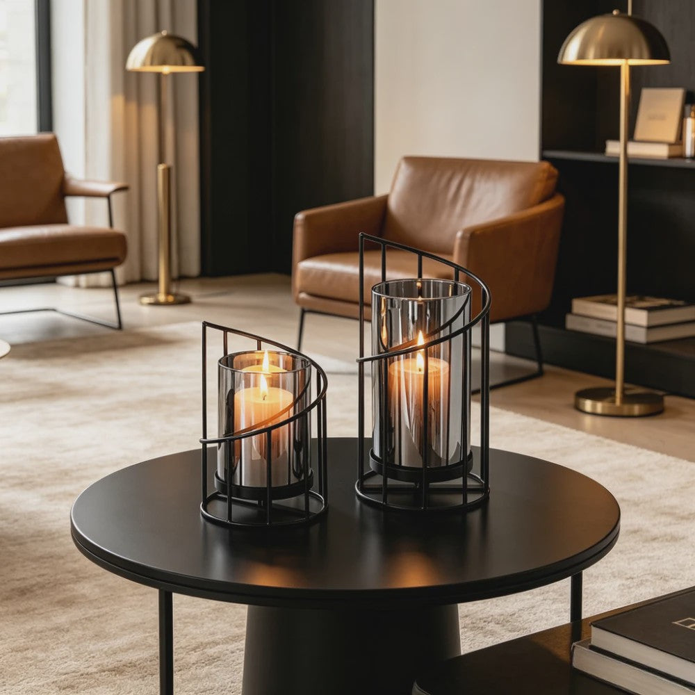 Luxe Metalen Kaarsenhouder met Glazen Cilinder - Geometrisch Draadframe
