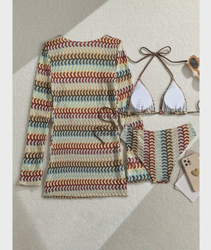 Drieparts Bikini Set met Lange Mouwen Cover-up - Stijlvol en Uniek Print