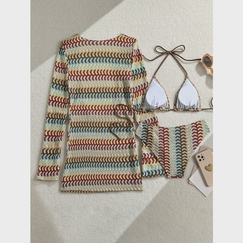 Drieparts Bikini Set met Lange Mouwen Cover-up - Stijlvol en Uniek Print
