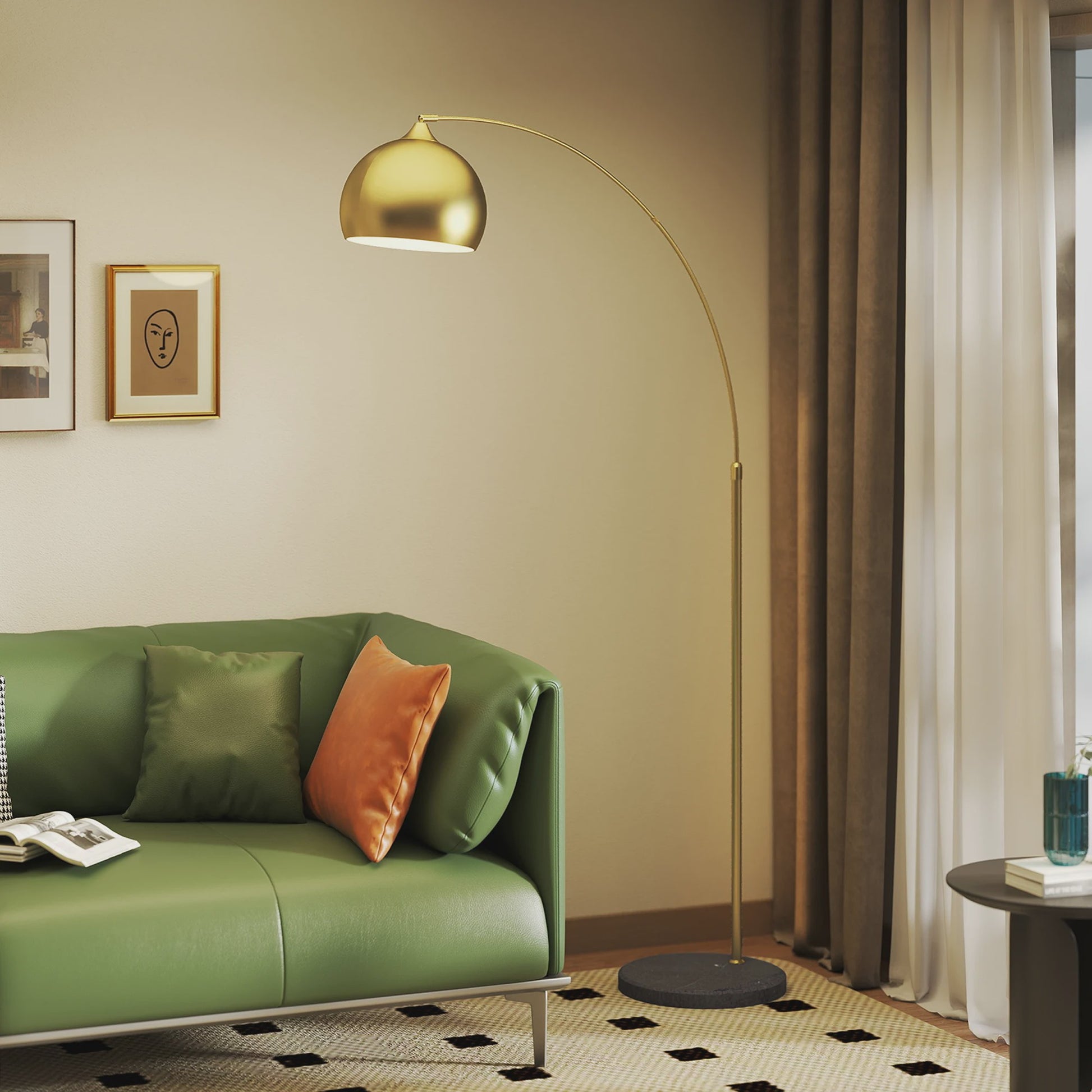 Moderne Boog Vloerlamp Goud - Verstelbaar, E27 Fitting, Voetschakelaar - Stijlvolle Leeslamp voor Woonkamer, Slaapkamer, Kantoor (110-180cm)
