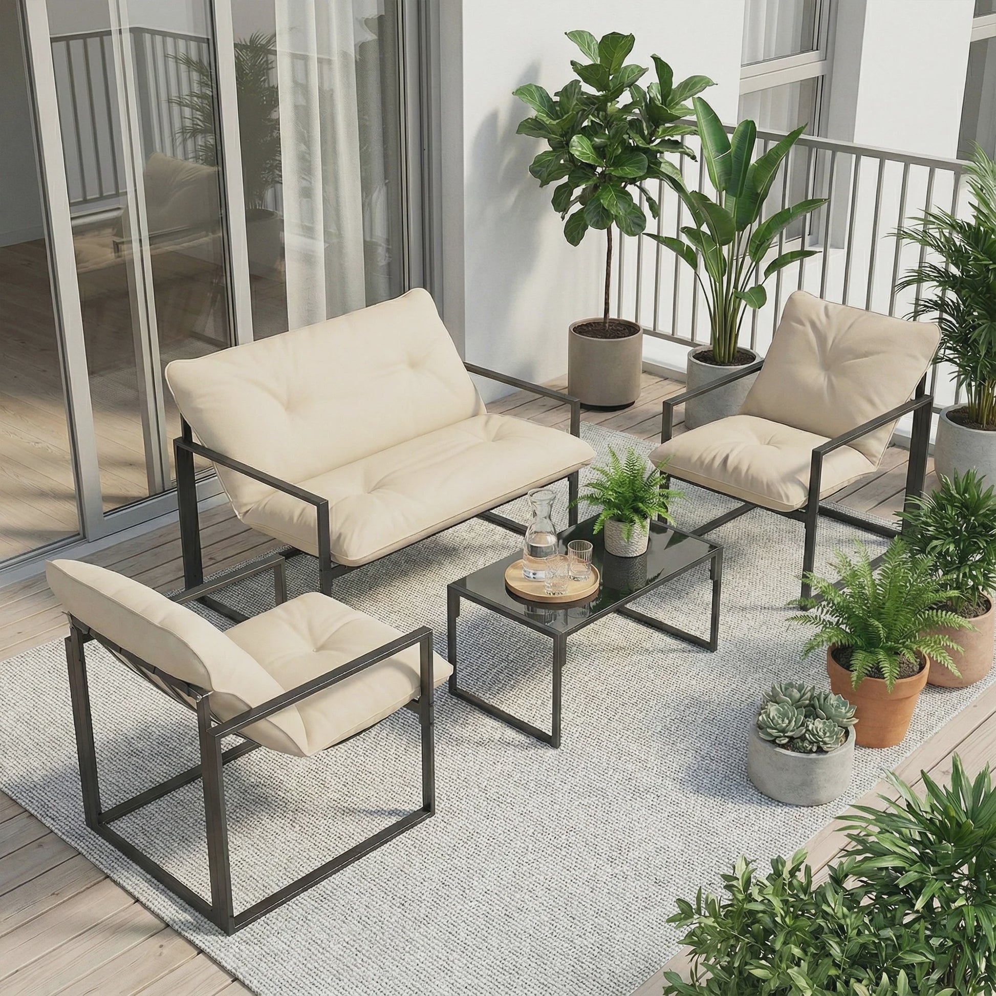 Outsunny Loungeset 4-delig Tuinset met Sofa, 2 Stoelen en Salontafel - Beige